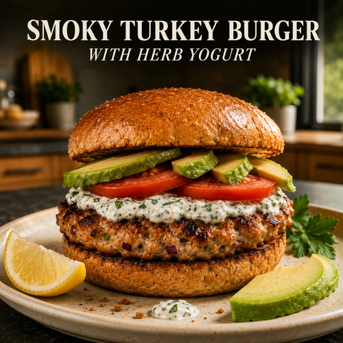 Smoky turkey burger with herb yogurt on a plate