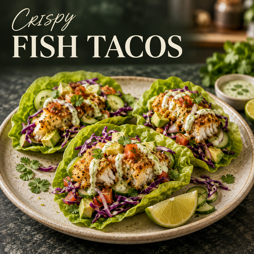 Crispy fish tacos in lettuce cups with lime