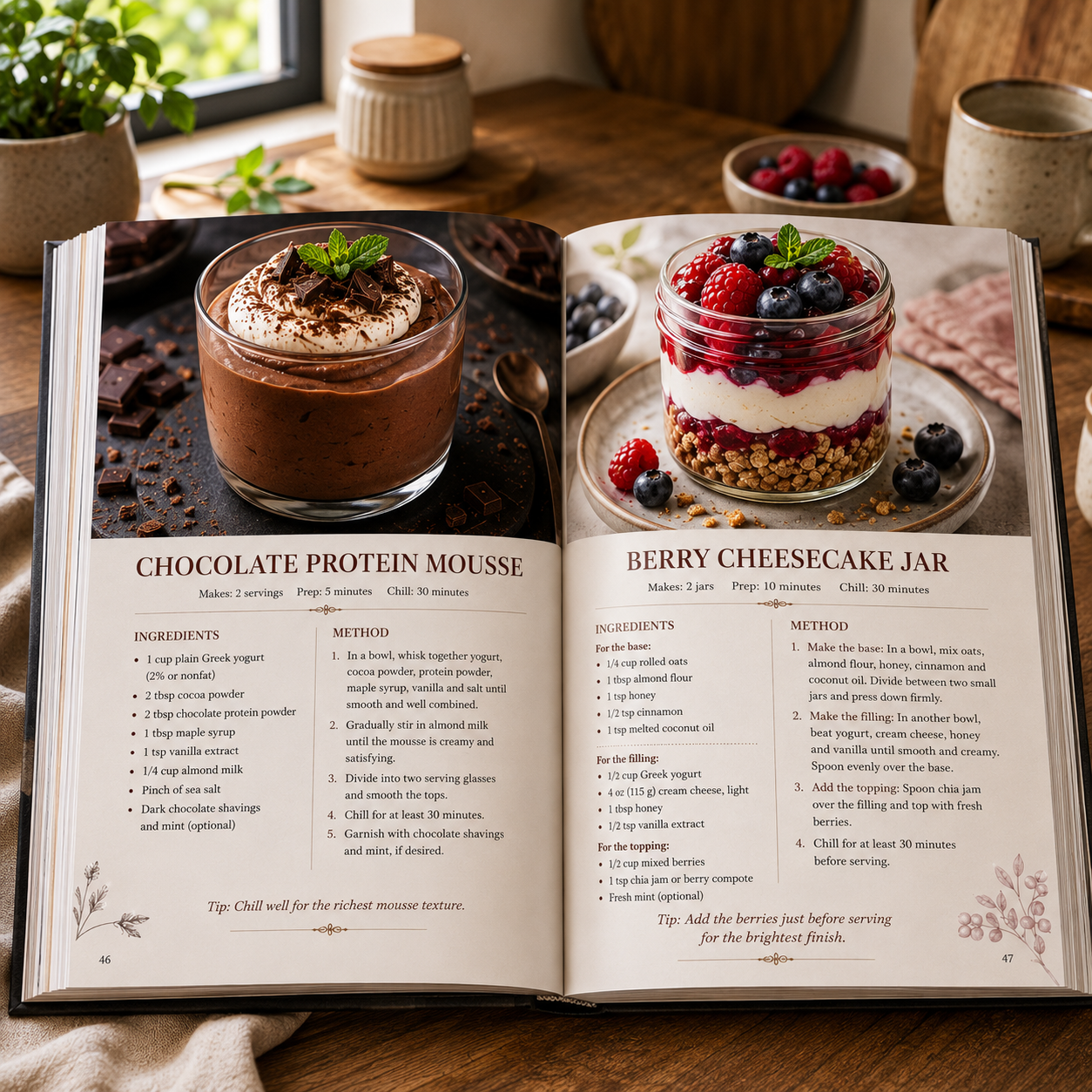 Two open pages from the book showing one recipe each
